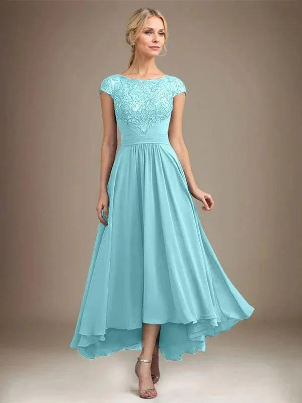 A-line Scoop Illusion Asymmetrical Lace Chiffon Mother of the Bride Dress With Pleated - Image 9