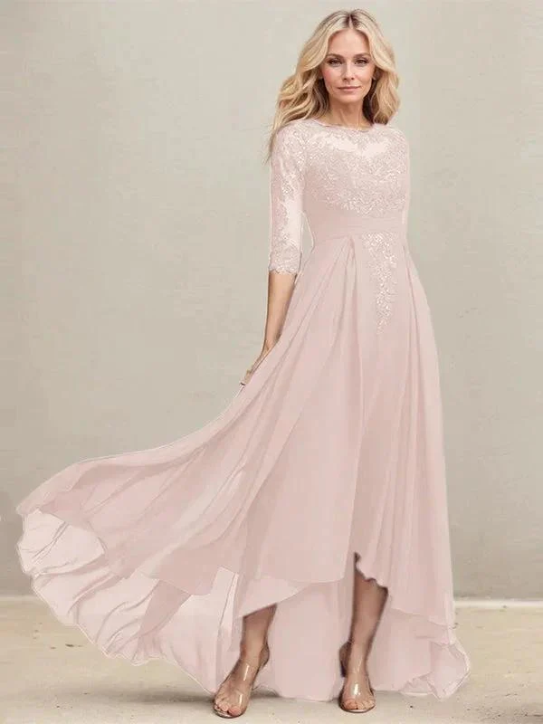 A-line Scoop Illusion Asymmetrical Lace Chiffon Mother of the Bride Dress With Pleated Sequins - Image 10