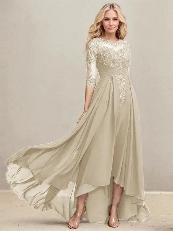 A-line Scoop Illusion Asymmetrical Lace Chiffon Mother of the Bride Dress With Pleated Sequins - Image 12