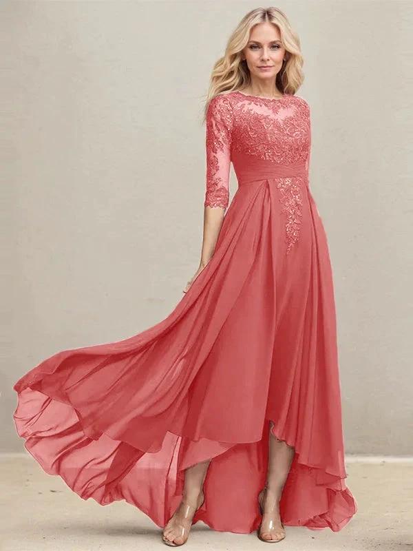 A-line Scoop Illusion Asymmetrical Lace Chiffon Mother of the Bride Dress With Pleated Sequins - Image 13
