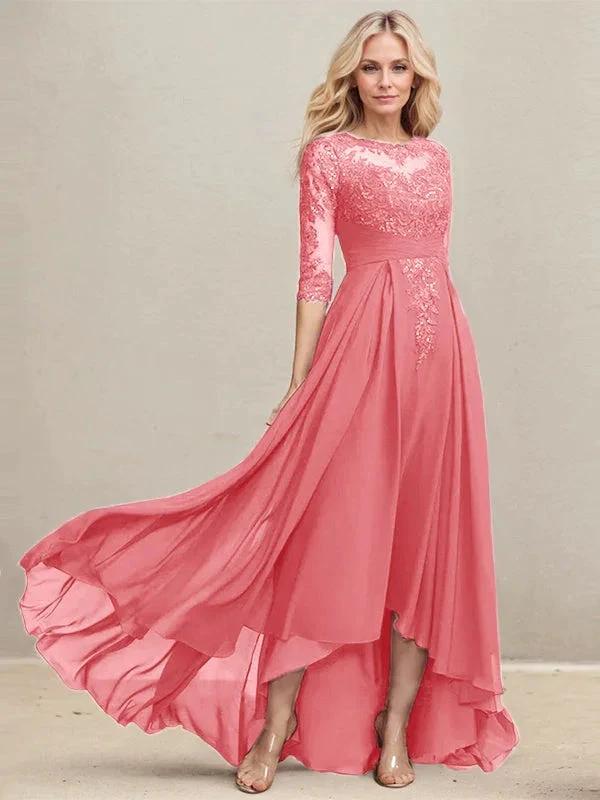 A-line Scoop Illusion Asymmetrical Lace Chiffon Mother of the Bride Dress With Pleated Sequins - Image 14