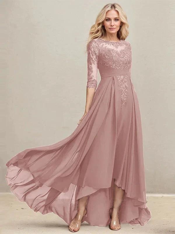 A-line Scoop Illusion Asymmetrical Lace Chiffon Mother of the Bride Dress With Pleated Sequins - Image 15