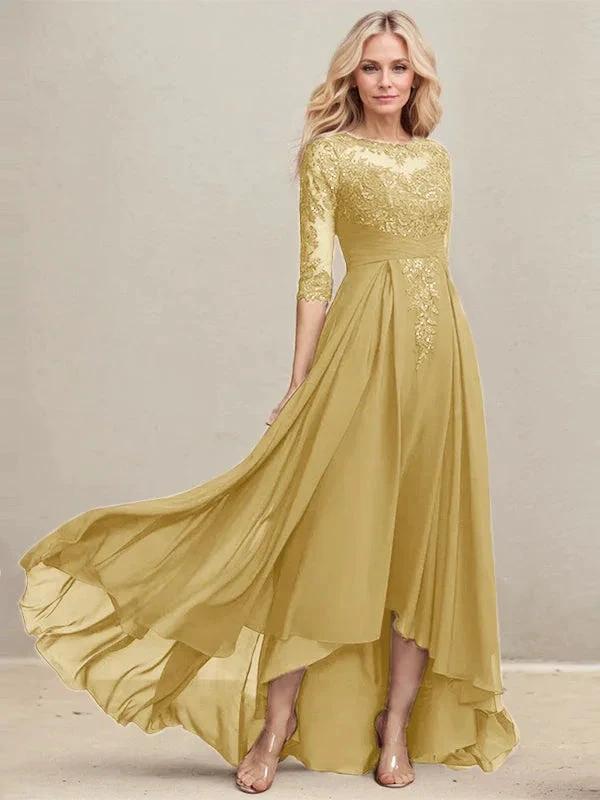 A-line Scoop Illusion Asymmetrical Lace Chiffon Mother of the Bride Dress With Pleated Sequins - Image 17