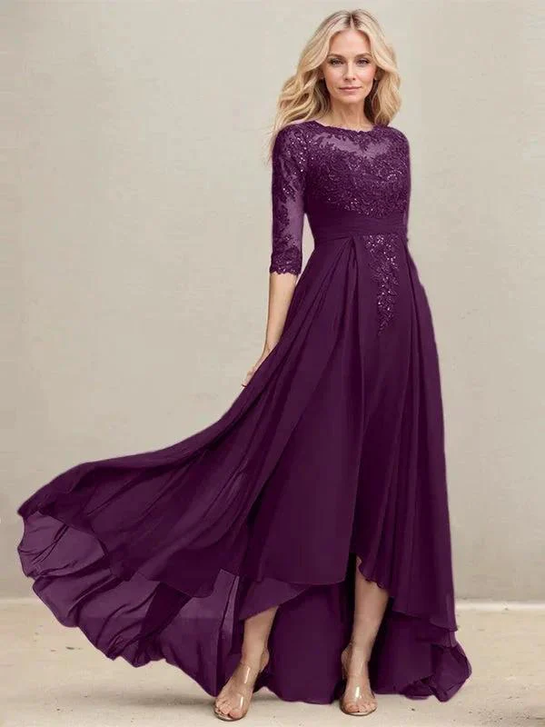 A-line Scoop Illusion Asymmetrical Lace Chiffon Mother of the Bride Dress With Pleated Sequins - Image 18