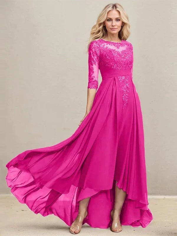 A-line Scoop Illusion Asymmetrical Lace Chiffon Mother of the Bride Dress With Pleated Sequins - Image 19