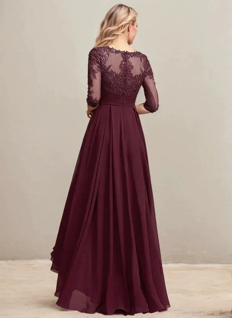 A-line Scoop Illusion Asymmetrical Lace Chiffon Mother of the Bride Dress With Pleated Sequins - Image 2