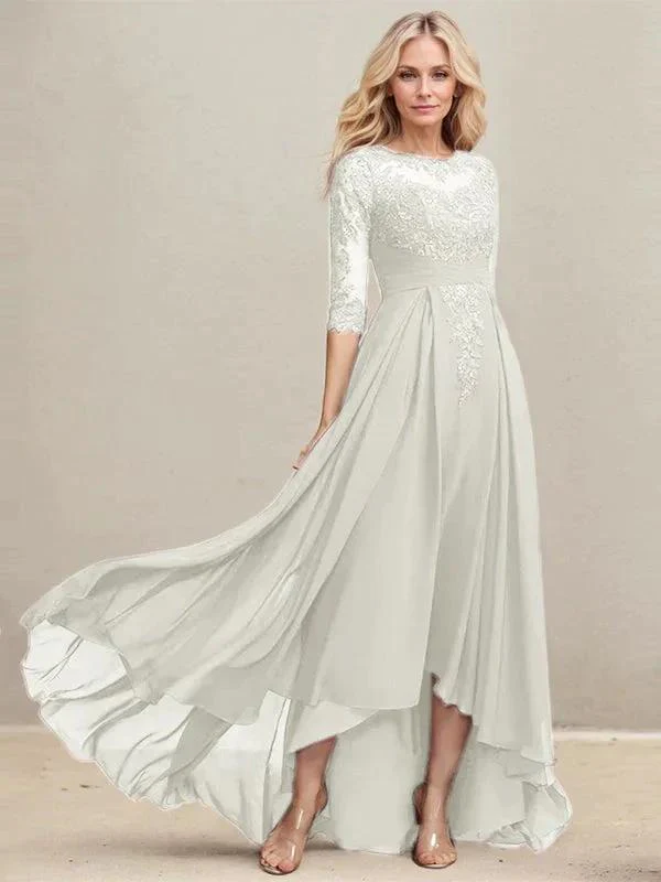 A-line Scoop Illusion Asymmetrical Lace Chiffon Mother of the Bride Dress With Pleated Sequins - Image 20