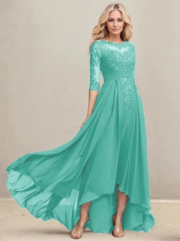 A-line Scoop Illusion Asymmetrical Lace Chiffon Mother of the Bride Dress With Pleated Sequins - Image 21