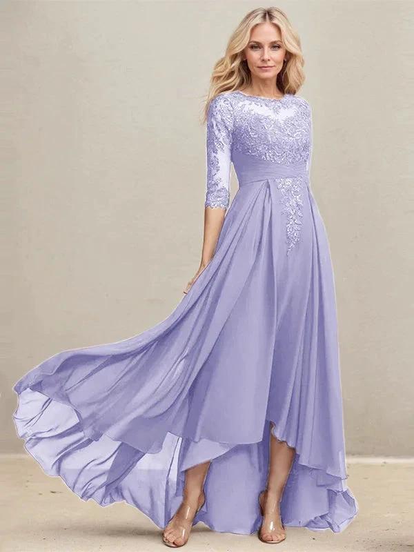 A-line Scoop Illusion Asymmetrical Lace Chiffon Mother of the Bride Dress With Pleated Sequins - Image 22