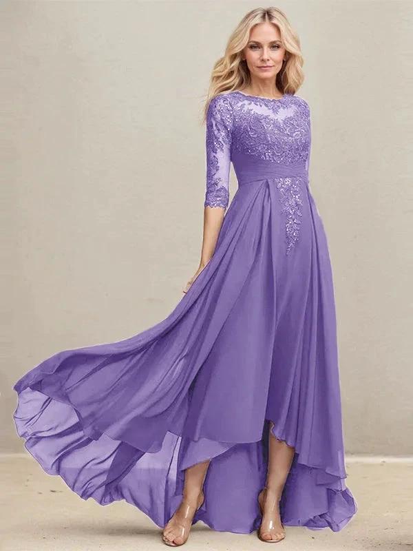 A-line Scoop Illusion Asymmetrical Lace Chiffon Mother of the Bride Dress With Pleated Sequins - Image 23