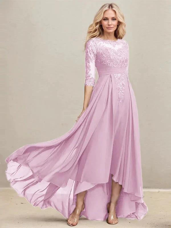 A-line Scoop Illusion Asymmetrical Lace Chiffon Mother of the Bride Dress With Pleated Sequins - Image 24