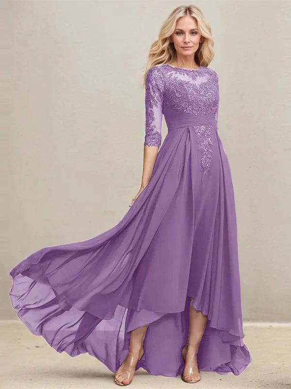 A-line Scoop Illusion Asymmetrical Lace Chiffon Mother of the Bride Dress With Pleated Sequins - Image 25