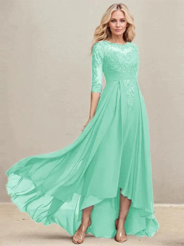 A-line Scoop Illusion Asymmetrical Lace Chiffon Mother of the Bride Dress With Pleated Sequins - Image 26