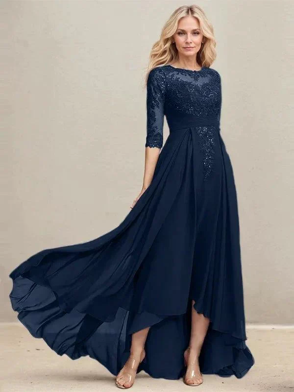 A-line Scoop Illusion Asymmetrical Lace Chiffon Mother of the Bride Dress With Pleated Sequins - Image 27