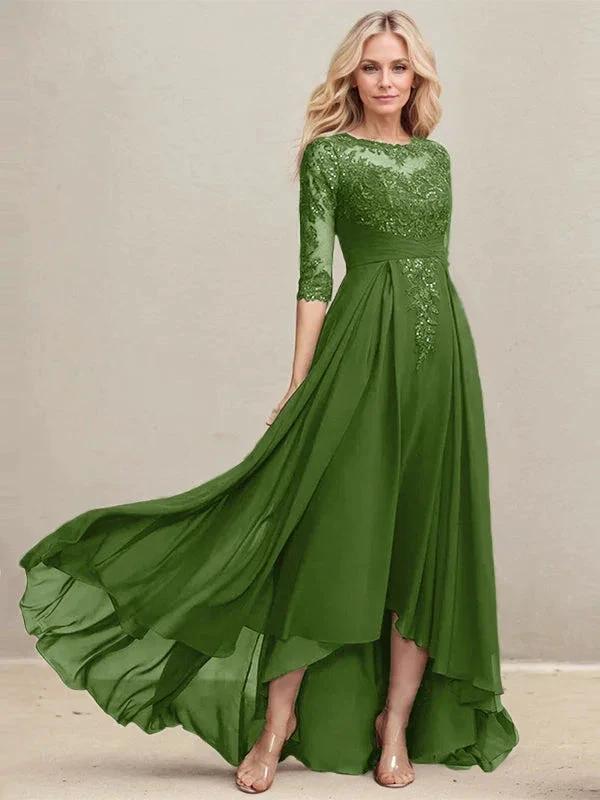 A-line Scoop Illusion Asymmetrical Lace Chiffon Mother of the Bride Dress With Pleated Sequins - Image 28