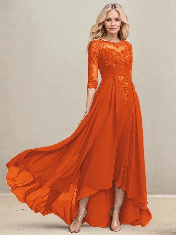 A-line Scoop Illusion Asymmetrical Lace Chiffon Mother of the Bride Dress With Pleated Sequins - Image 29