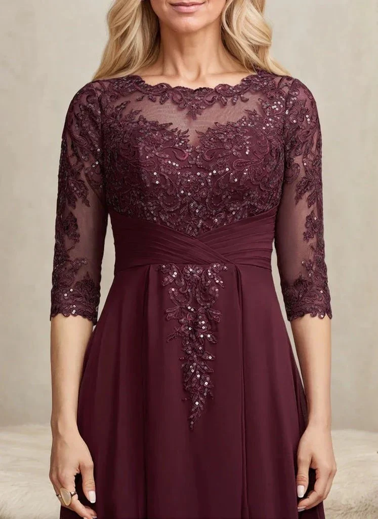 A-line Scoop Illusion Asymmetrical Lace Chiffon Mother of the Bride Dress With Pleated Sequins - Image 3