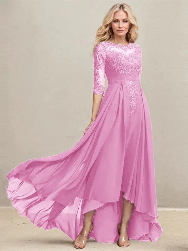 A-line Scoop Illusion Asymmetrical Lace Chiffon Mother of the Bride Dress With Pleated Sequins - Image 31