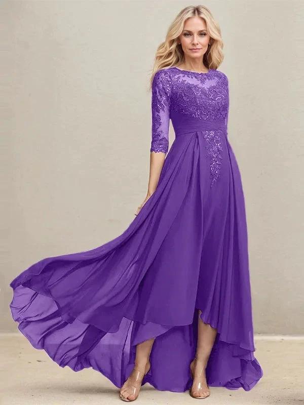 A-line Scoop Illusion Asymmetrical Lace Chiffon Mother of the Bride Dress With Pleated Sequins - Image 32