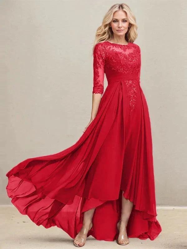 A-line Scoop Illusion Asymmetrical Lace Chiffon Mother of the Bride Dress With Pleated Sequins - Image 33