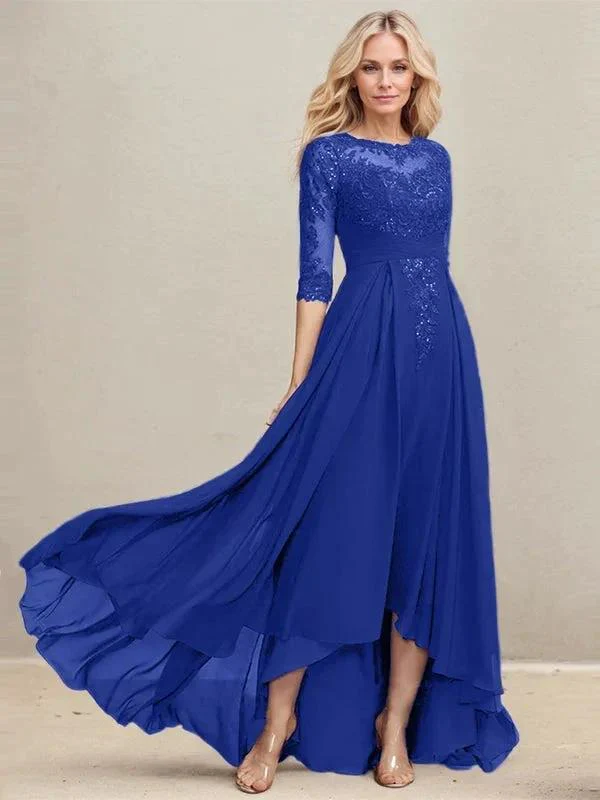 A-line Scoop Illusion Asymmetrical Lace Chiffon Mother of the Bride Dress With Pleated Sequins - Image 34