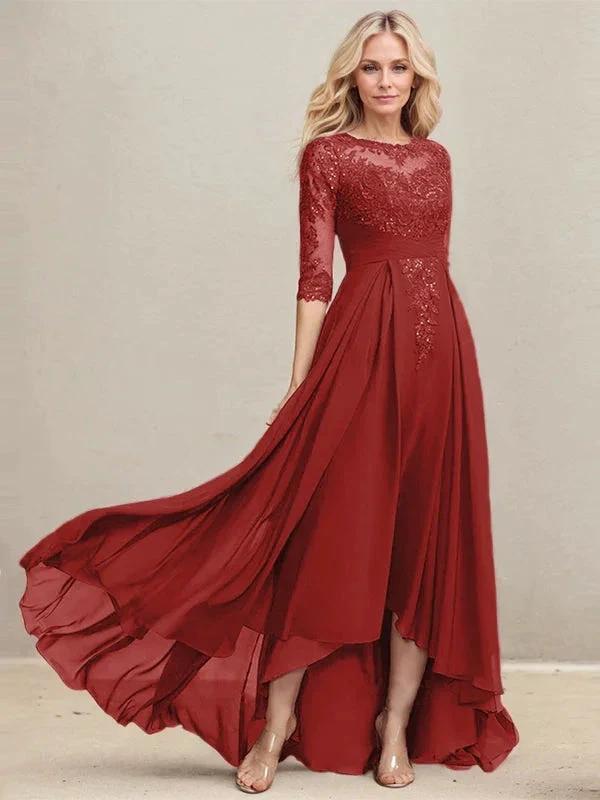A-line Scoop Illusion Asymmetrical Lace Chiffon Mother of the Bride Dress With Pleated Sequins - Image 35
