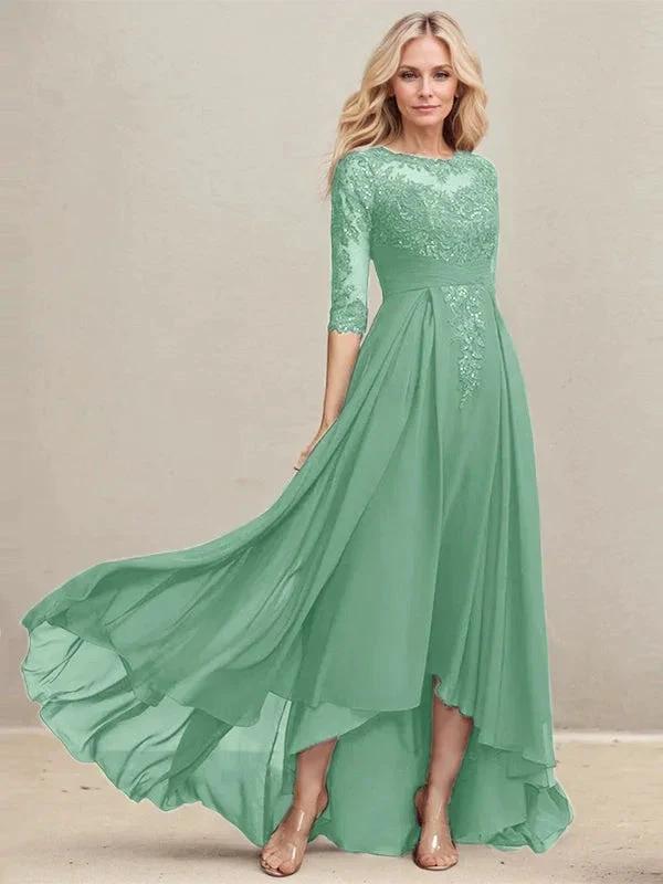 A-line Scoop Illusion Asymmetrical Lace Chiffon Mother of the Bride Dress With Pleated Sequins - Image 36