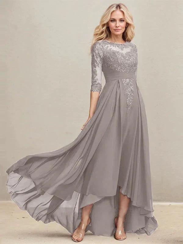 A-line Scoop Illusion Asymmetrical Lace Chiffon Mother of the Bride Dress With Pleated Sequins - Image 37