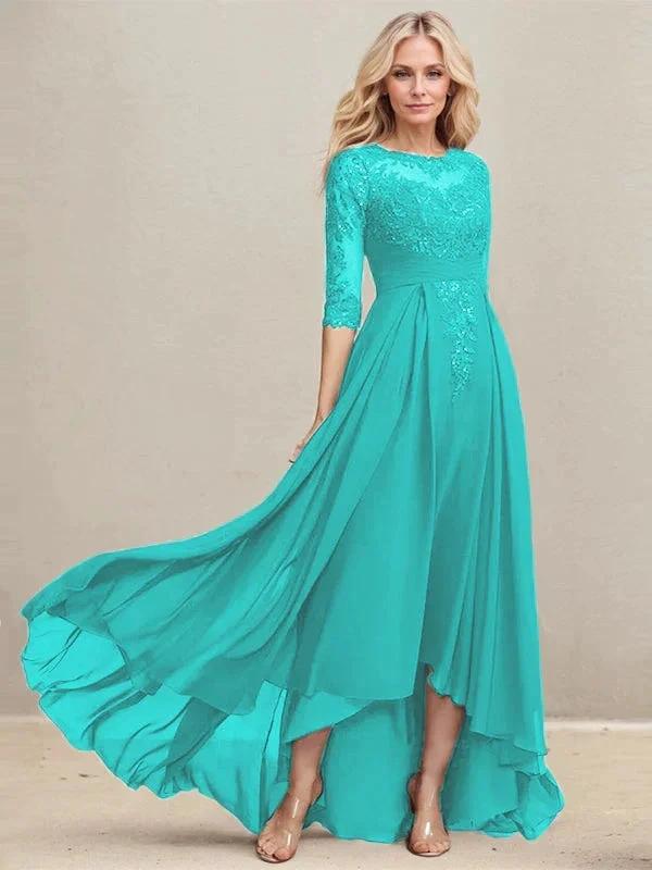 A-line Scoop Illusion Asymmetrical Lace Chiffon Mother of the Bride Dress With Pleated Sequins - Image 39