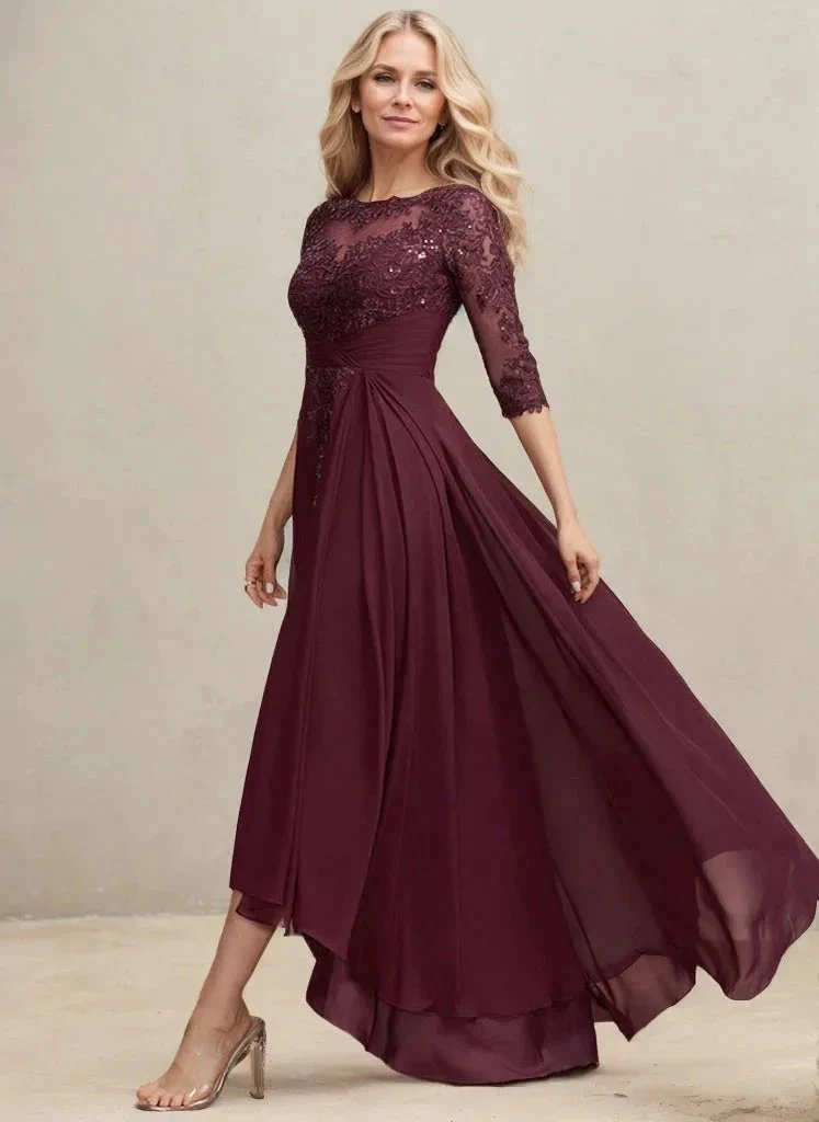 A-line Scoop Illusion Asymmetrical Lace Chiffon Mother of the Bride Dress With Pleated Sequins - Image 4