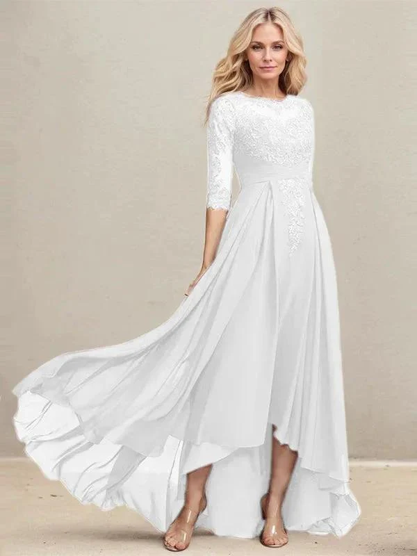 A-line Scoop Illusion Asymmetrical Lace Chiffon Mother of the Bride Dress With Pleated Sequins - Image 40