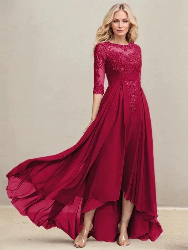 A-line Scoop Illusion Asymmetrical Lace Chiffon Mother of the Bride Dress With Pleated Sequins - Image 41