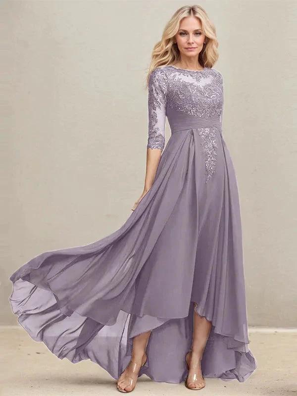 A-line Scoop Illusion Asymmetrical Lace Chiffon Mother of the Bride Dress With Pleated Sequins - Image 42