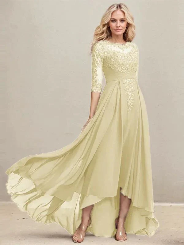 A-line Scoop Illusion Asymmetrical Lace Chiffon Mother of the Bride Dress With Pleated Sequins - Image 43