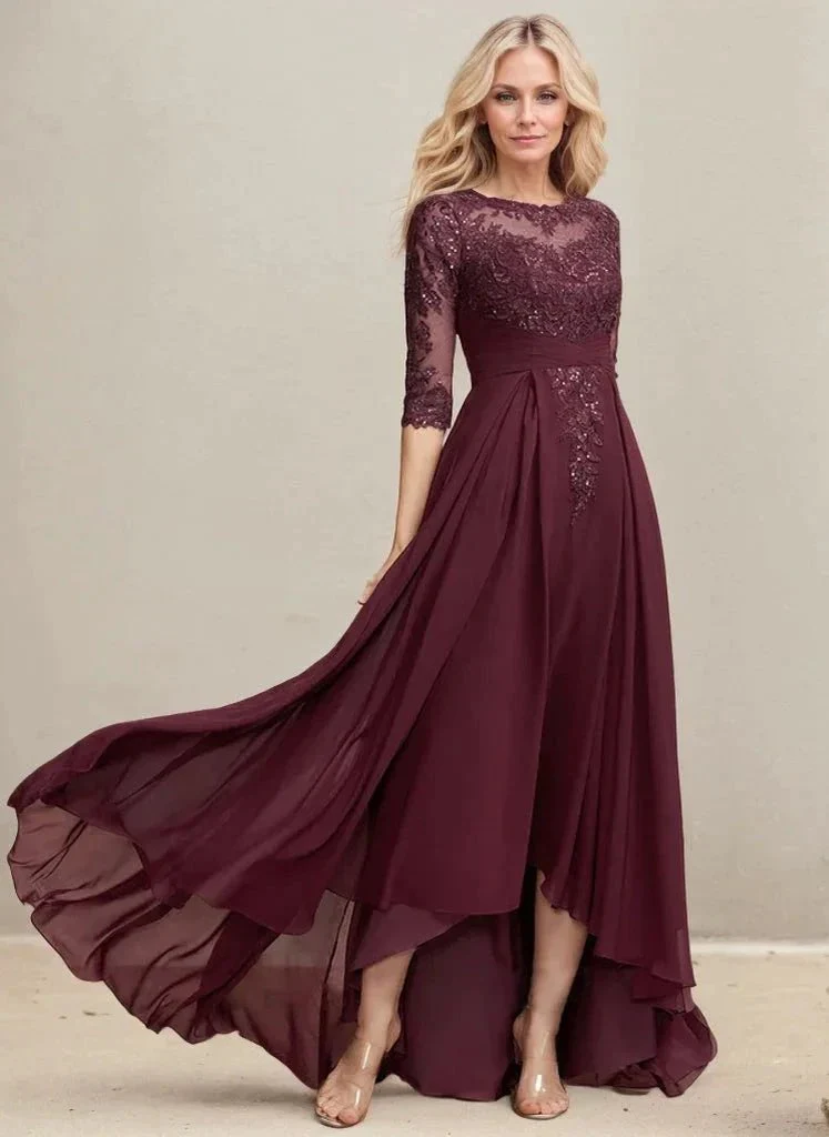 A-line Scoop Illusion Asymmetrical Lace Chiffon Mother of the Bride Dress With Pleated Sequins - Image 5