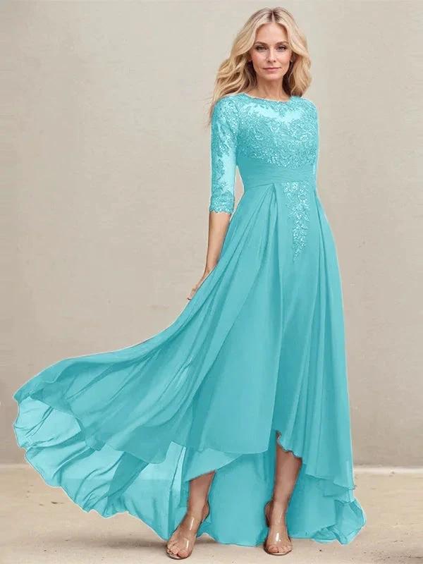 A-line Scoop Illusion Asymmetrical Lace Chiffon Mother of the Bride Dress With Pleated Sequins - Image 7