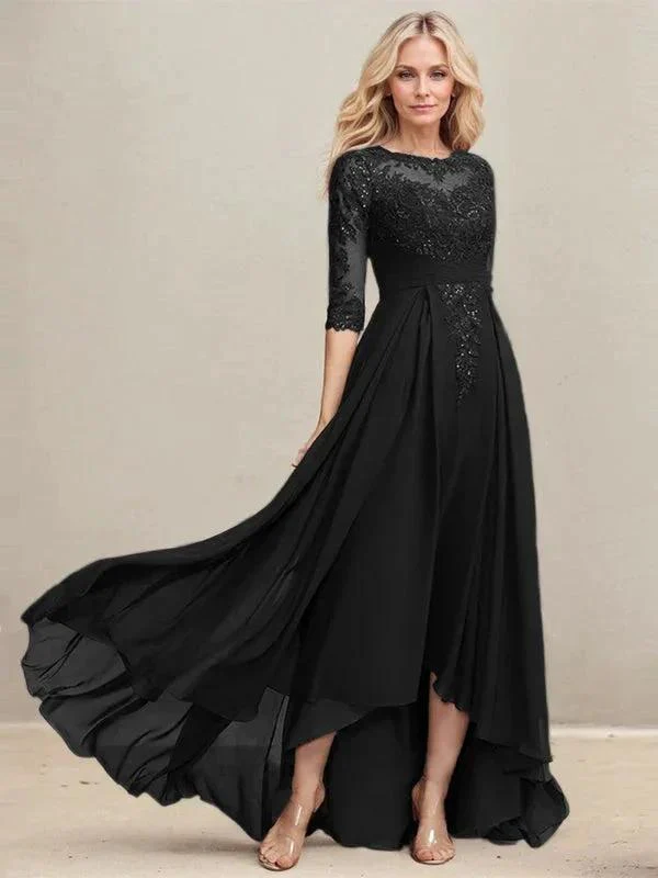 A-line Scoop Illusion Asymmetrical Lace Chiffon Mother of the Bride Dress With Pleated Sequins - Image 8