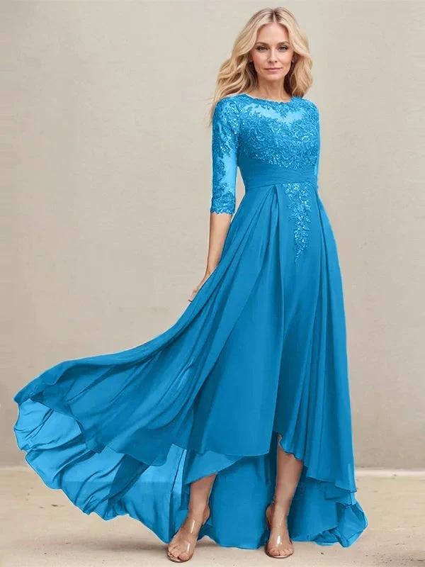 A-line Scoop Illusion Asymmetrical Lace Chiffon Mother of the Bride Dress With Pleated Sequins - Image 9