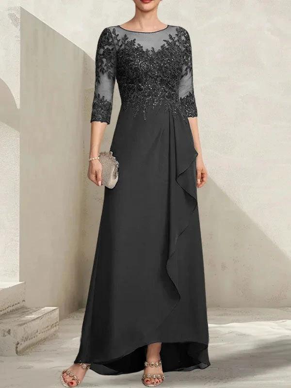 A-line Scoop Illusion Asymmetrical Lace Chiffon Mother of the Bride Dress With Sequins Cascading Ruffles - Image 11