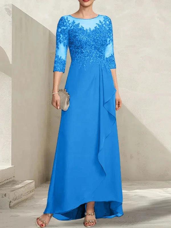 A-line Scoop Illusion Asymmetrical Lace Chiffon Mother of the Bride Dress With Sequins Cascading Ruffles - Image 12