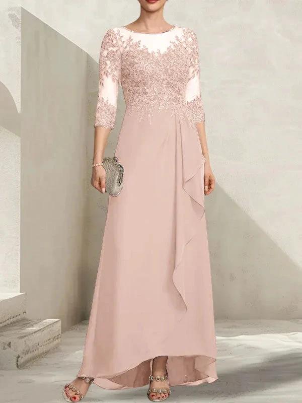A-line Scoop Illusion Asymmetrical Lace Chiffon Mother of the Bride Dress With Sequins Cascading Ruffles - Image 13