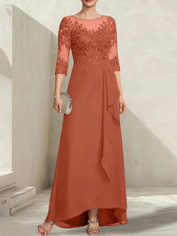 A-line Scoop Illusion Asymmetrical Lace Chiffon Mother of the Bride Dress With Sequins Cascading Ruffles - Image 14