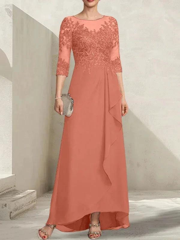 A-line Scoop Illusion Asymmetrical Lace Chiffon Mother of the Bride Dress With Sequins Cascading Ruffles - Image 16