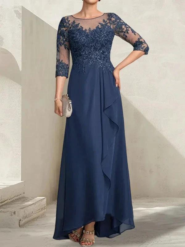 A-line Scoop Illusion Asymmetrical Lace Chiffon Mother of the Bride Dress With Sequins Cascading Ruffles - Image 2