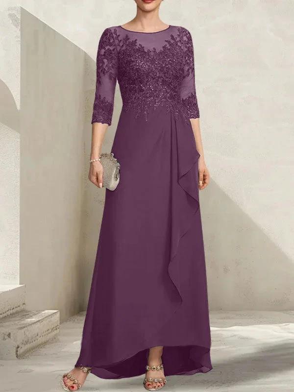 A-line Scoop Illusion Asymmetrical Lace Chiffon Mother of the Bride Dress With Sequins Cascading Ruffles - Image 21