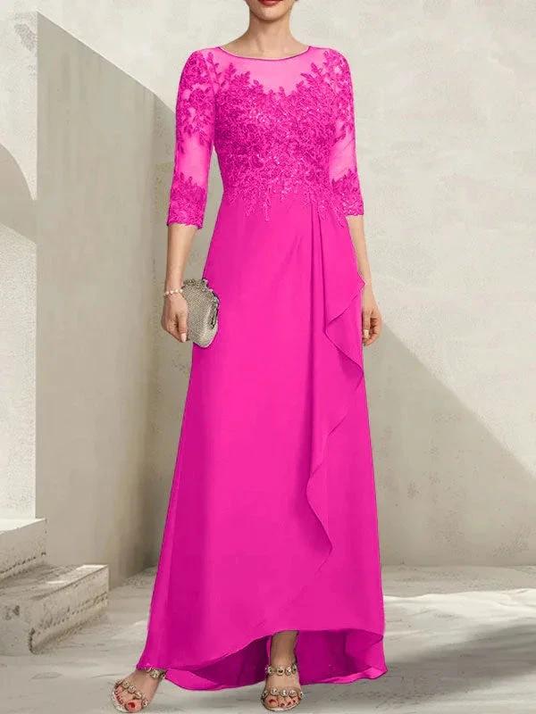 A-line Scoop Illusion Asymmetrical Lace Chiffon Mother of the Bride Dress With Sequins Cascading Ruffles - Image 22