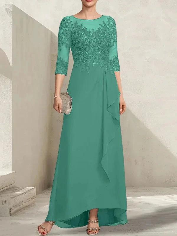 A-line Scoop Illusion Asymmetrical Lace Chiffon Mother of the Bride Dress With Sequins Cascading Ruffles - Image 24