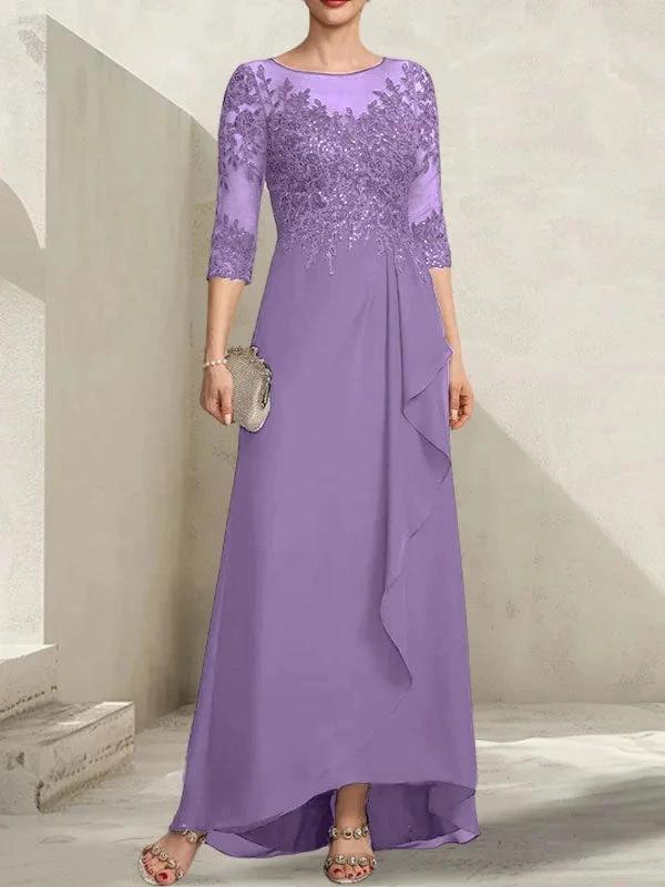A-line Scoop Illusion Asymmetrical Lace Chiffon Mother of the Bride Dress With Sequins Cascading Ruffles - Image 26