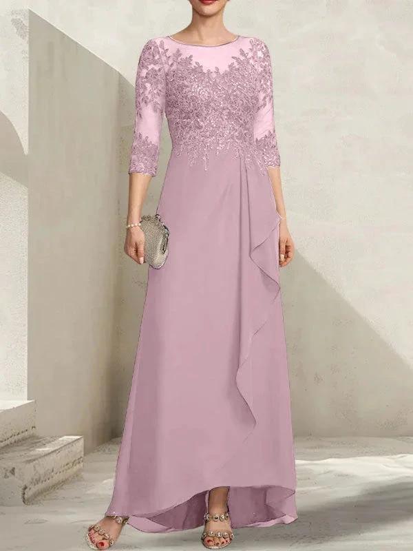A-line Scoop Illusion Asymmetrical Lace Chiffon Mother of the Bride Dress With Sequins Cascading Ruffles - Image 27