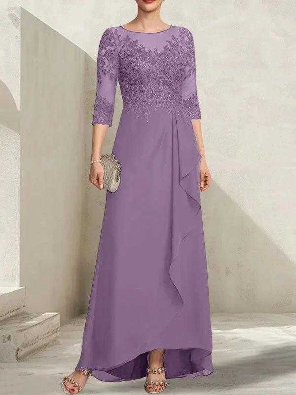 A-line Scoop Illusion Asymmetrical Lace Chiffon Mother of the Bride Dress With Sequins Cascading Ruffles - Image 28